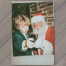 ART CARD Santa Helping Boy Aim Gun Retro Christmas Humor Crime Parody Style