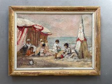 Plage animée, huile sur toile, signature à identifier, tableau ancien