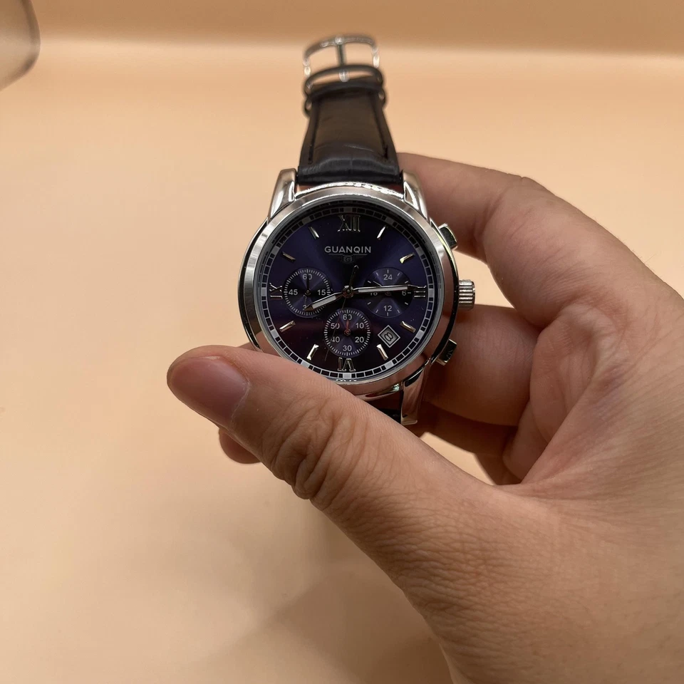 Guanqin Reloj Cronógrafo Hombre Cuarzo Fecha Acero Inoxidable Esfera Azul Cuero Foto 2 de 4