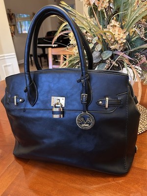 V1969 Italia Black Structured Satchel Handbag Gold Hardware Dust Bag Beautiful!
