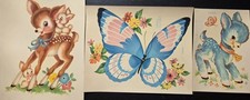 3 pc VTG 50&rsquo;s MEYERCORD Decals, Colorful Butterflies, Deer, Flowers, Bunnies New