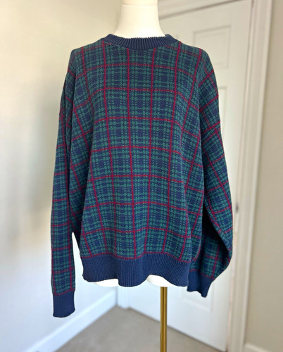 Bill Blass, Vintage Bill Blass Mens XL Knit Crew Pullover Sweater Plaid Grandpa 90s Red/Blue