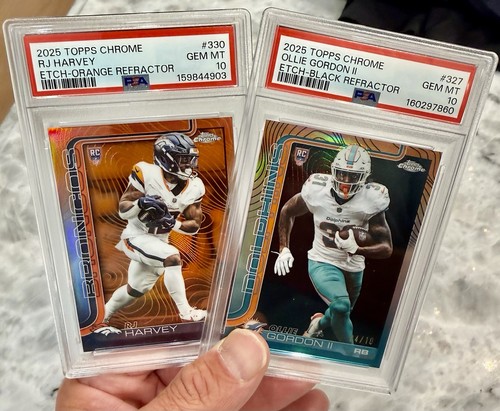 2025 Topps Chrome NFL Rookies RJ HARVEY /25 + OLLIE GORDON /10- PSA 10- POP 1’s