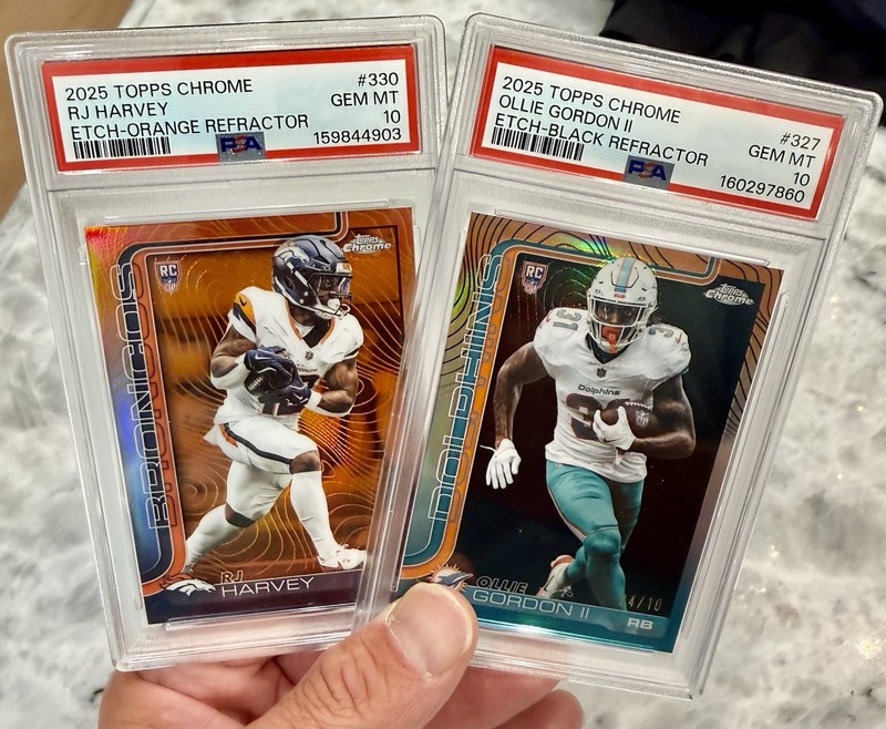 2025 Topps Chrome NFL Rookies RJ HARVEY /25 + OLLIE GORDON /10- PSA 10- POP 1’s