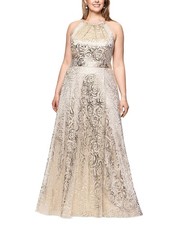Betsy & Adam Women’s Long Crinkle Foil Floral Gown, Gold/Champagne, Size-18W