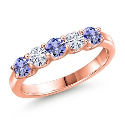 18K Rose Gold Plated Silver Tanzanite and White Moissanite Wedding-Bands Ring