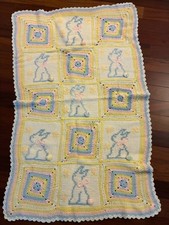 Vtg 90's Handmade Pink Blue Yellow Bunny Crocheted Baby Afghan Blanket 30"x48"
