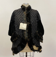 Antique Edwardian Mourning Jacket w Fur and Heavily Jet Beaded Mantle Cape AS IS