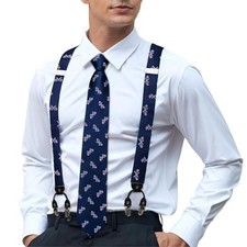 Men's Suspenders and Tie Set Silk Adjustable Elastic Y Braces with B Navy Blue