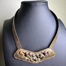 Brutalist Brass Choker Necklace Pendant Statement Jewelry Vintage