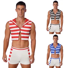 Mens Tops Nautical Sailor Undershirt Hollow Out Shirts Sexy 2-piece Carnival