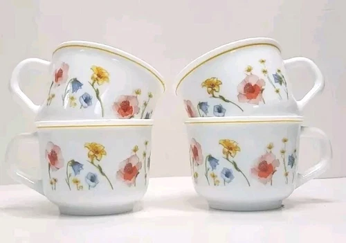 Arcopal France - Milk Glass Tea Cups Hibiscus, Lily, Bluebell Flowers - Set of 4
