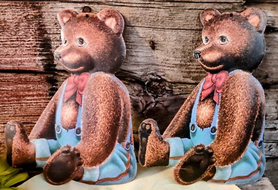 Vintage 2 10'' Teddy Bears In Coveralls Tin Wall Hanging Department 56 Child Room
