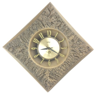 Vtg Burwood 23'' Diamond Shape Wall Clock Simulated Wood Bark Arabesque 1960's