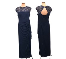 NWT Alex Evenings Gown Maxi Dress Size 14 Metallic Navy Blue Lace Ruched Cutout