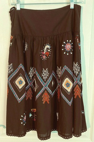 NWOT Brown A-Line Circle EMBROIDERED BEADED AMERICAN RAG SKIRT Anthropologie - Picture 7 of 12