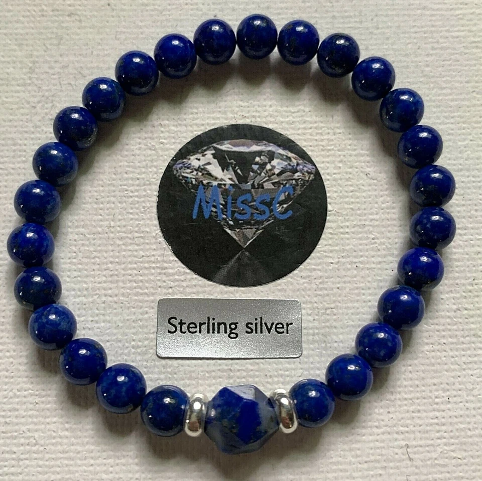 LAPIS LAZULI BEADED BRACELET WITH CENTRAL DECAGON STONE AND 925 STERLING SILVER - Image 3 of 4