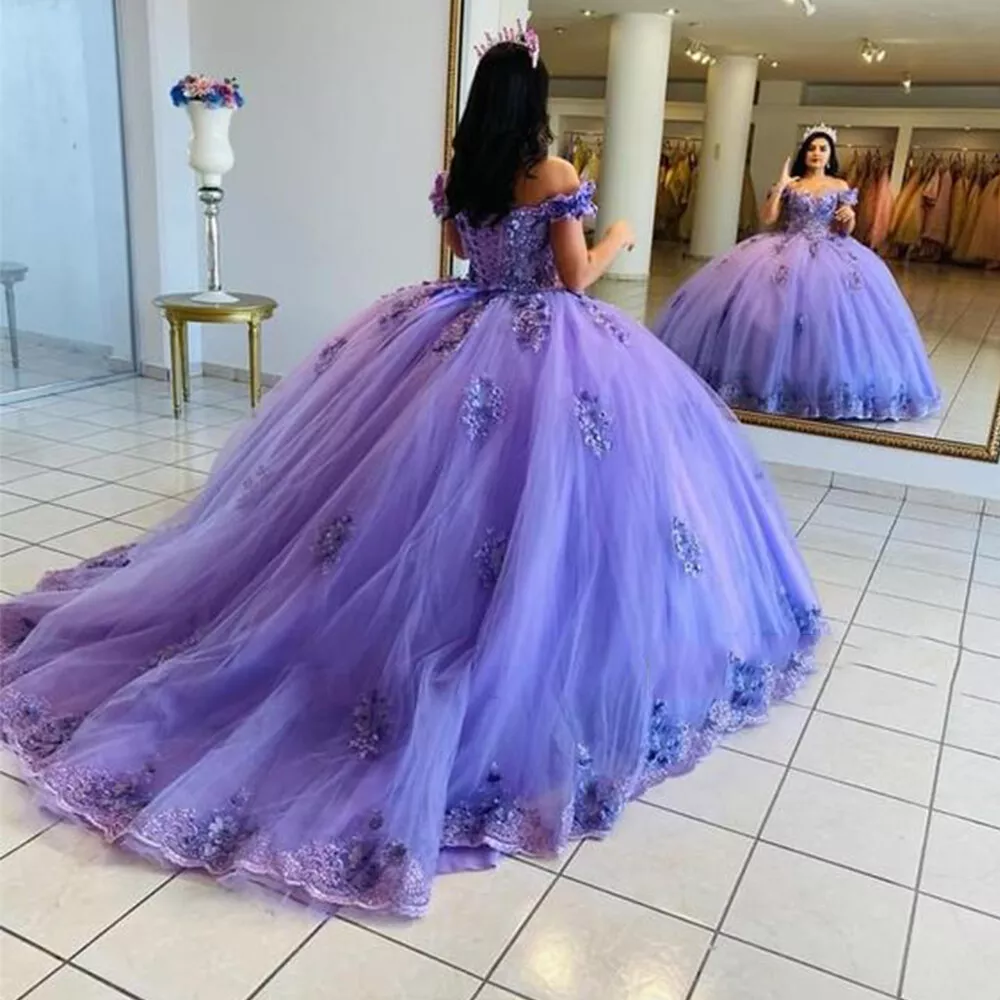 Purple Quinceanera Dresses Off The Shoulder Ball Gown 3D Floral