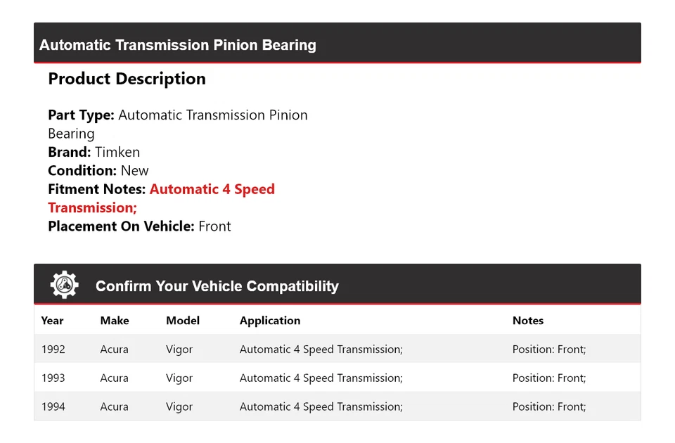 Cojinete de piñón delantero Timken para transmisión automática Acura Vigor 1992-1994 Foto 2 de 4