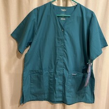 NWT Landau Essentials Classic Fit 8232 Teal L Women Scrub Top V-Neck 4-Pocket