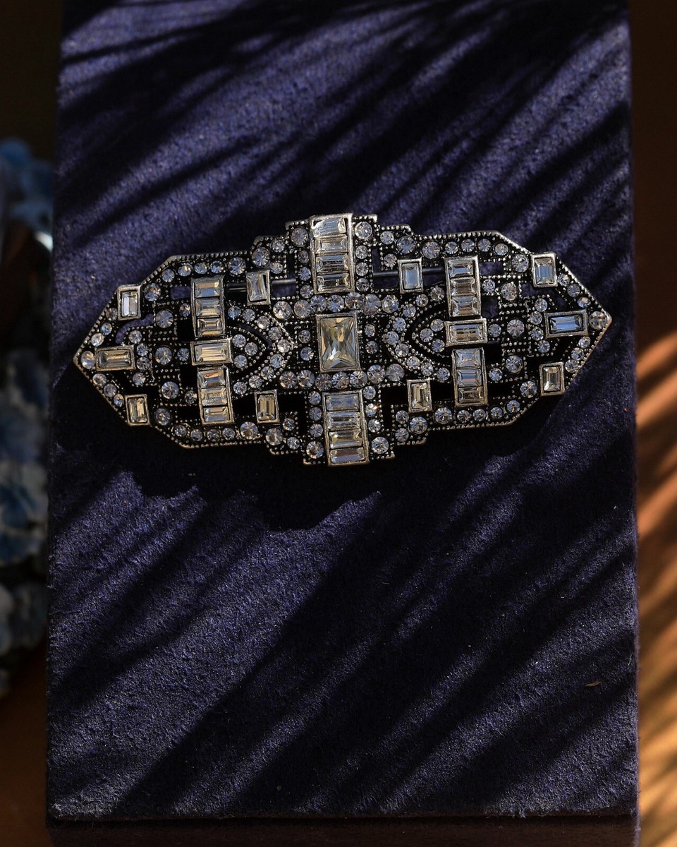 Broche Argentée Art Déco Strass Bleu Rectangle - Style Vintage QD11