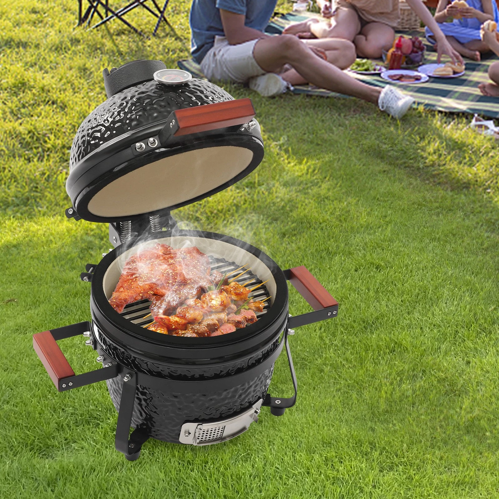13" Ceramic Charcoal BBQ Grill Outdoor Portable Barbecue Grill Smoker With Gauge