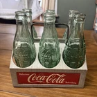 Vintage Coca-Cola 6-Bottle Carrier Caddy w/ 6 Green Glass Bottles