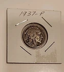 1937 "P" Head Buffalo Nickel Indian Head Coin, Circulated.