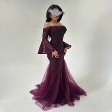 Net Glitter Violet Mermaid Off Shoulder Evening Dress Floor-length Party Dress