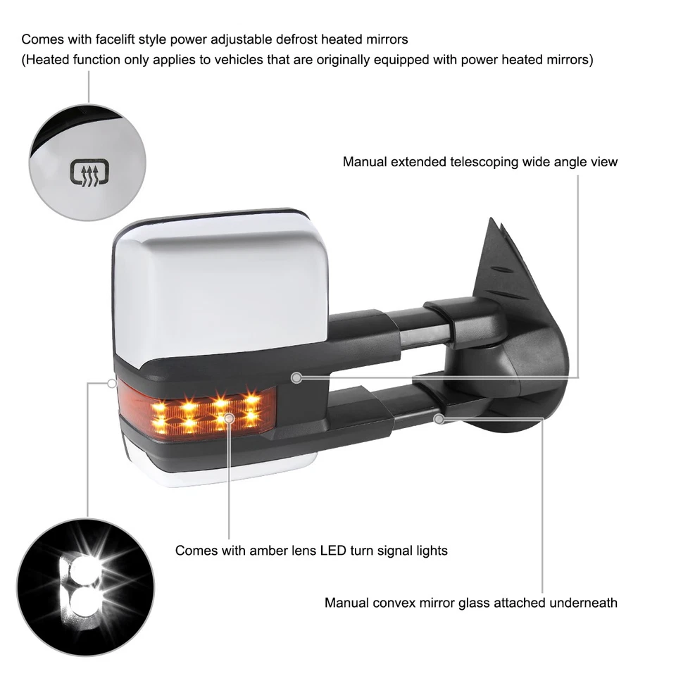 Towing Mirrors Fits 2007-2013 Silverado 1500 2500 Chrome Power Heated+LED Signal Foto 4 de 4