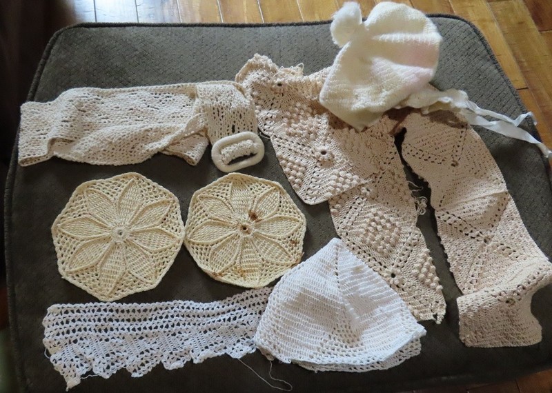 Lot of 9 crochet items ladies belt baby cap squares