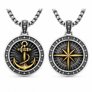 Authentic Two-Tone Silver Gold Plated Copper Double Sided Anchor Compass Pendant Necklace,