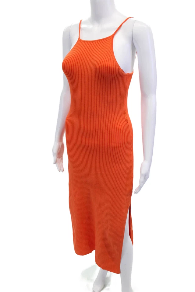 Maxi Vestido Nicholas Para Mujer Acanalado Calce Ajustado Cuello Halter Doble Abertura Naranja Talla S Foto 2 de 4