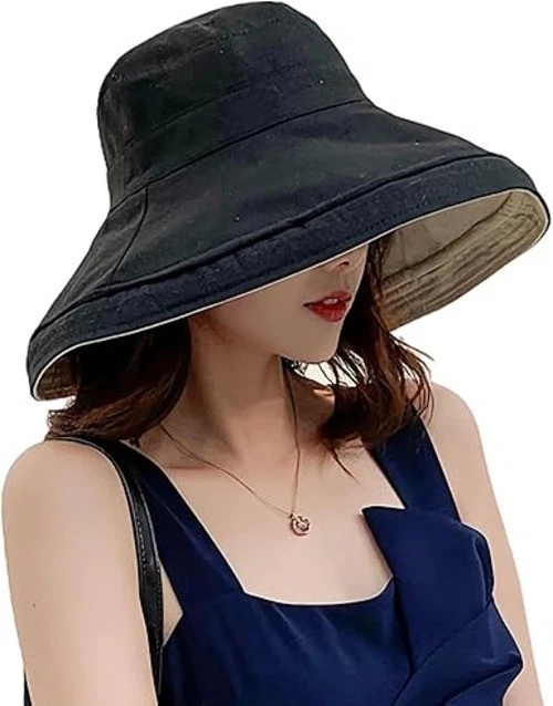 FaroDor Women Wide Brim Cotton Sun Hat Reversible Black Beige Beach Fishing NWT