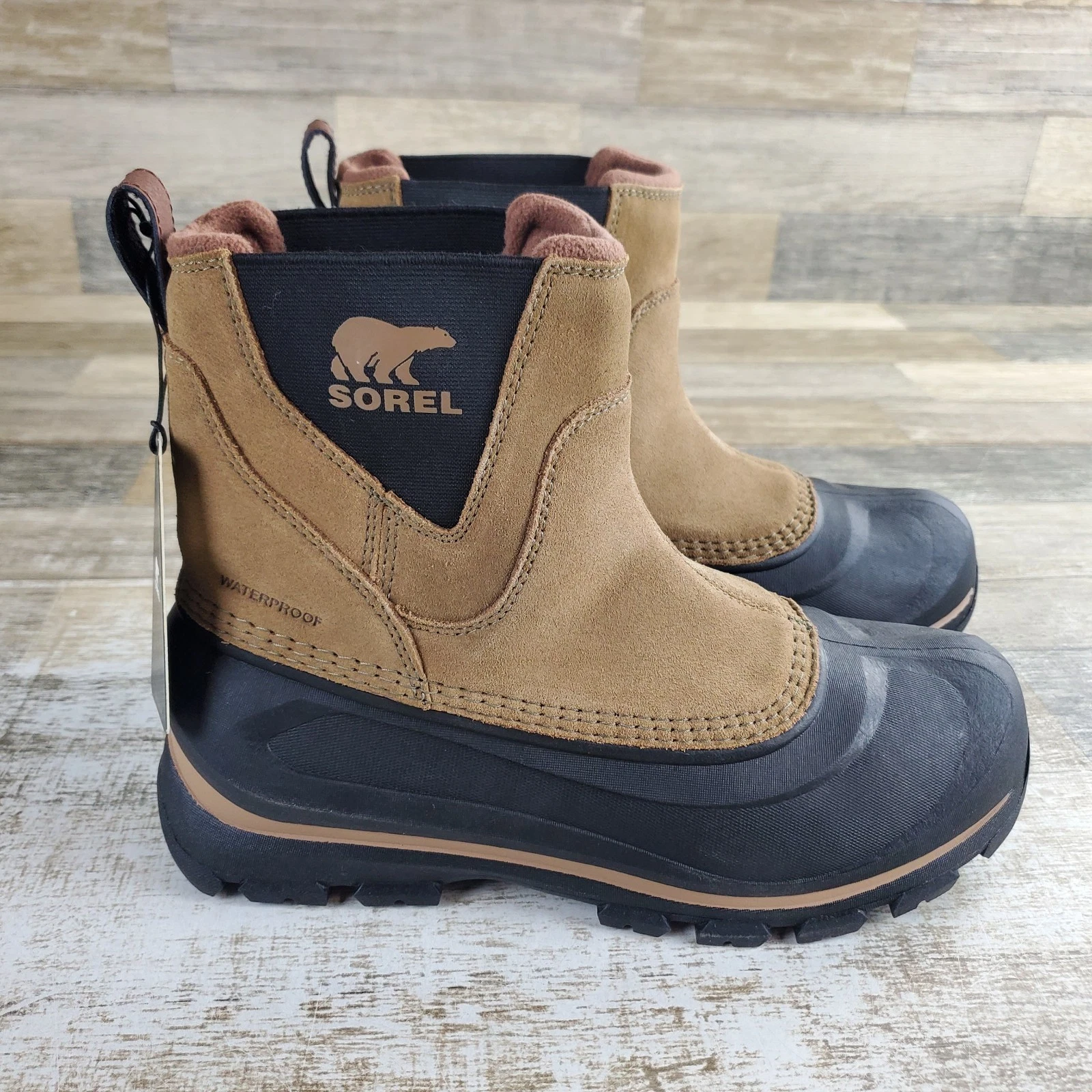 Sorel Buxton Mens Winter Boots Sz 7.5 Tan Black Suede Leather Waterproof Pull On