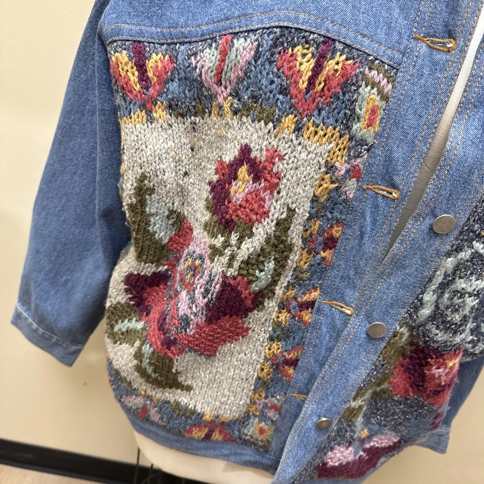 Vintage Together Denim Jacket L Floral Knit Appliqué Oversized 80s 90s Jean Coat - Image 2 of 4