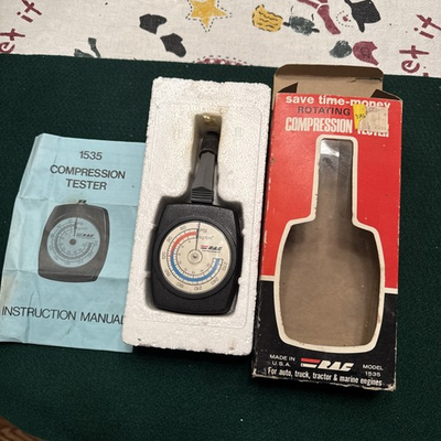 #ad Vintage RAC Rotating Dial Engine Compression Tester Original Box Manual 1535 $12.00
