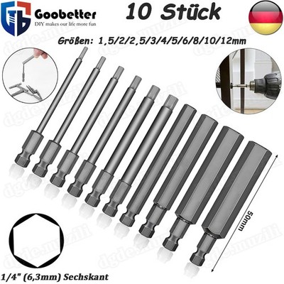 10tlg Sechskant Bit für Innensechskant 1,5-12mm Sechskant Biteinsatz 50mm lang