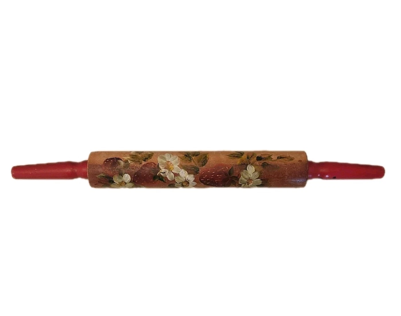 Decorative Hand Painted Wood Rolling Pin Strawberry Decor Floral Red Cottage