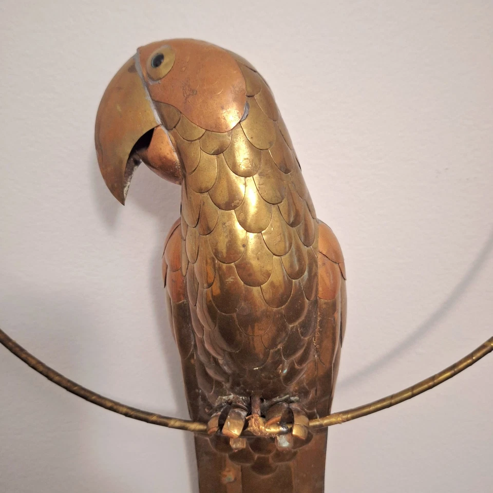 Sergio Bustamante Style Brass & Copper 16" Parrot Swing Hanging Sculpture VTG - Image 3 of 4