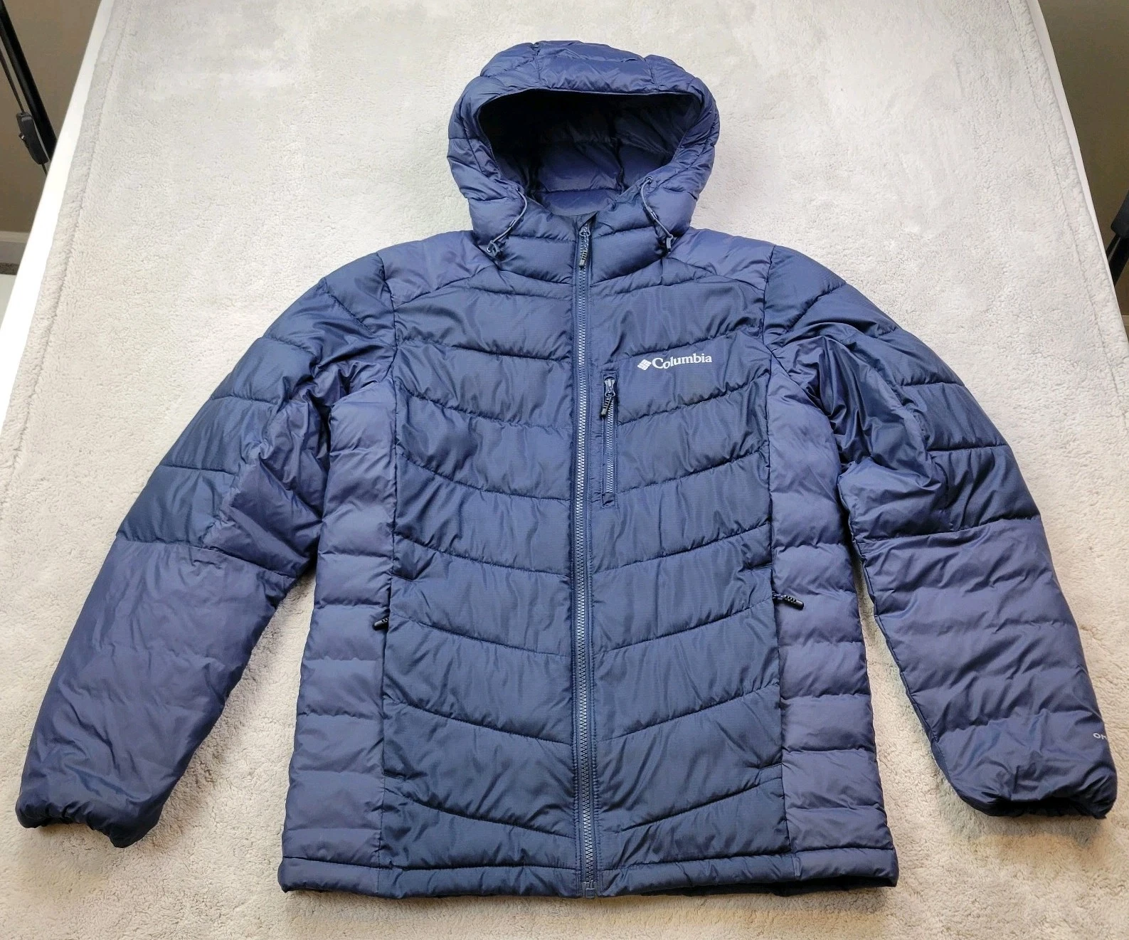 Columbia Omni Heat Infinity Puffer Jacket Mens Small Blue Hooded Gold Lined