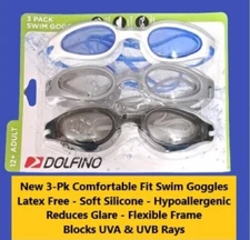 New 3-PK Dolfino 12+ Adult  Swim Goggles Multi-Color Unisex Impact-Resistant