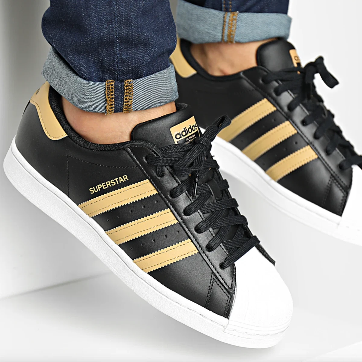 New adidas Originals Superstar Mens Leather Athletic sneaker black gold all size