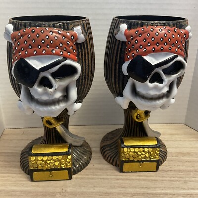 Set of 2 Pirates Skull Goblets Caption Memo's Cruise Clearwater FL Buccaneers