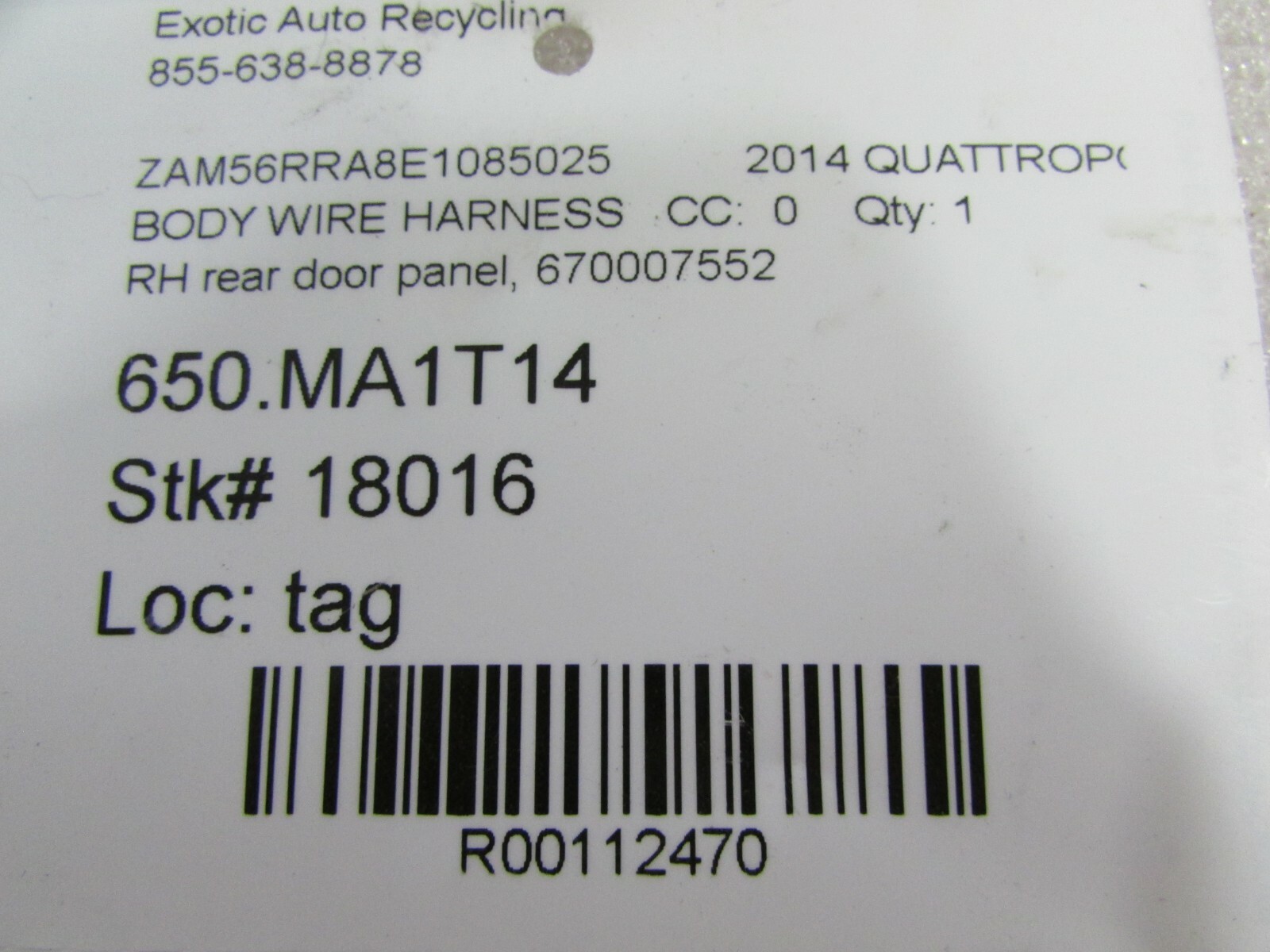 2014 Maserati Quattroporte, RH, Rear Door Panel Wire Harness Used, P/N 670007552
