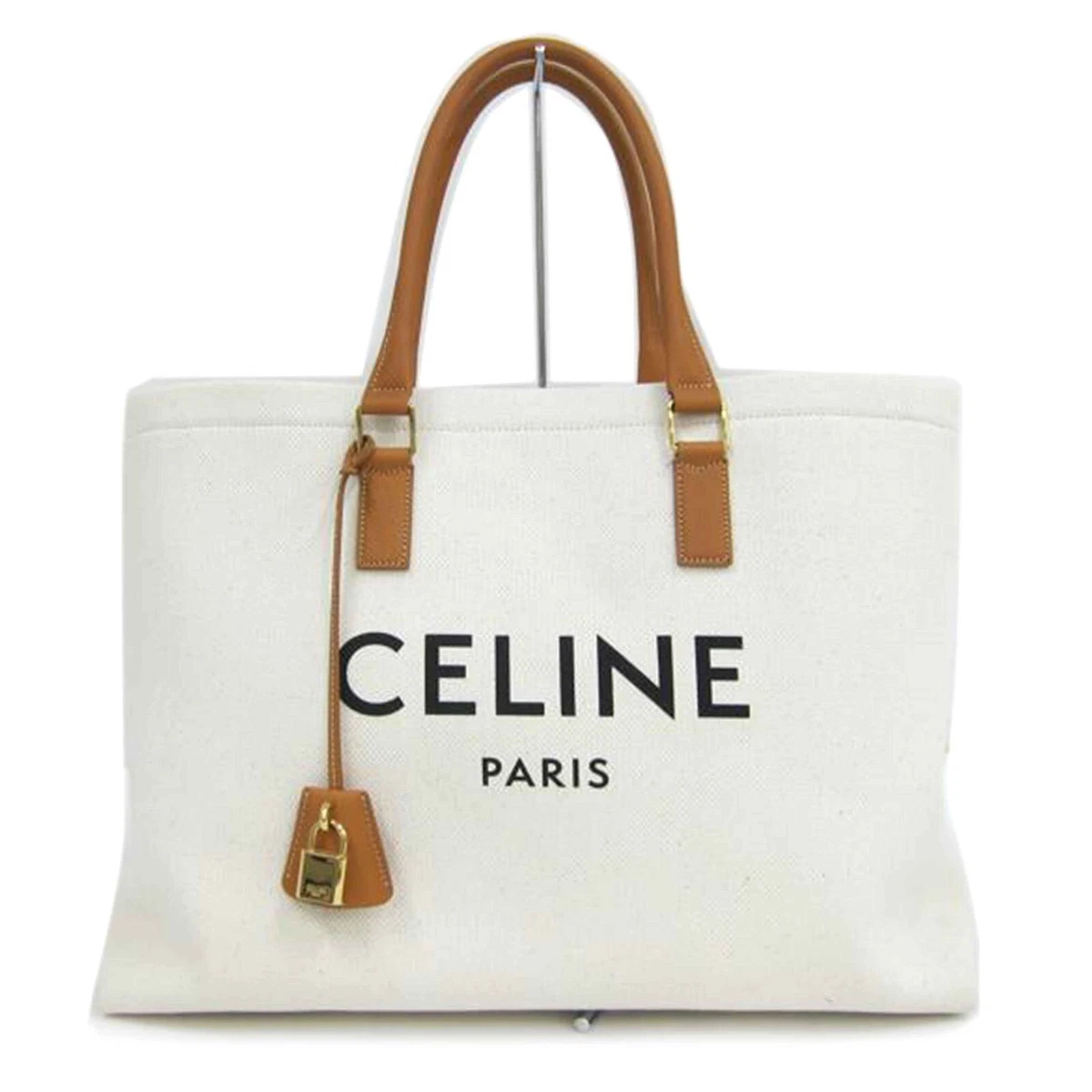 CELINE 190062BNZ Horizontal Cover Canvas Leather Logo Tote Shoulder Bag  White