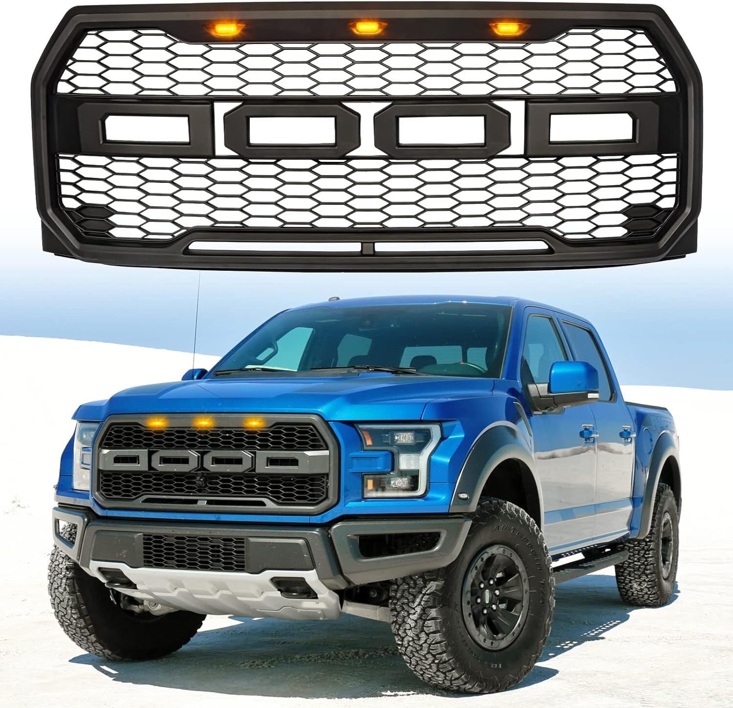Front Bumper Grille Grill for 2015 2016 2017 Ford F-150 Matte Black W/ LED Light