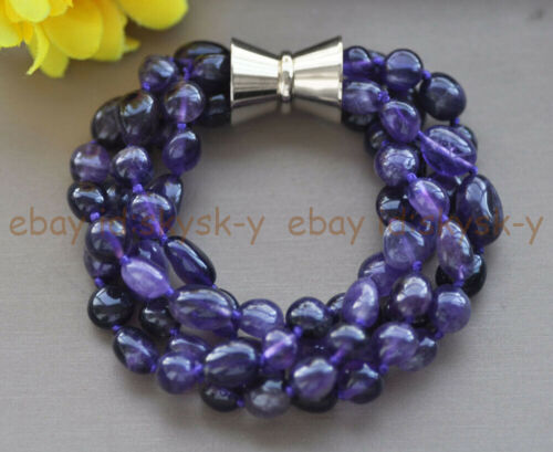 4 Stränge 8-10 mm Lila Amethyst Unregelmäßige Freiform Edelstein Perlen Armband 8 Zoll - Bild 1 von 4