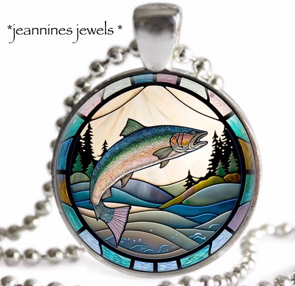 COLAR TRUTA arco-íris estilo vitral falso impressão arte pingente berloque prata - Imagem 4 de 4