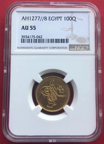 EGYPT - OTTOMAN , GOLD 100 QIRSH SULTAN ABDUL AZIZ 1277/8 AH NGC AU 55 , RARE